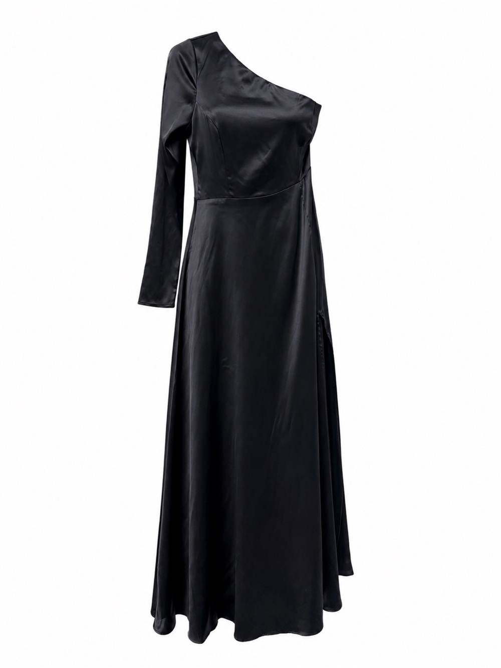 Lulus One-Shoulder Black Satin Formal Evening Gown Gothic Glam - Picture 5 of 16
